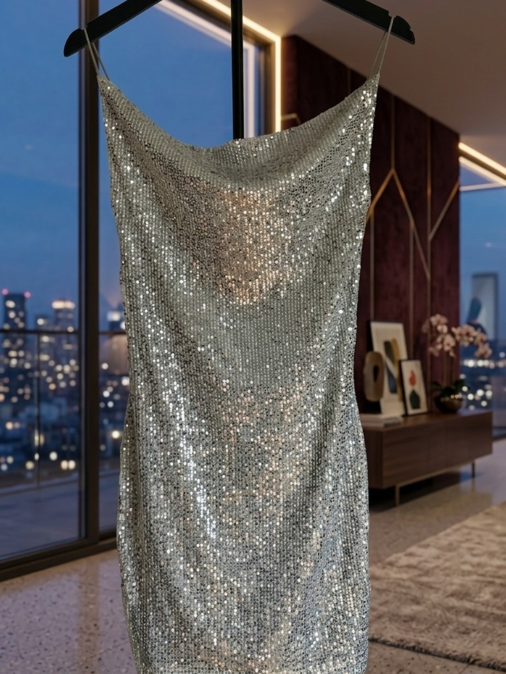 Bluesteel Silver Sequin Cowl Neck Mini Dress Size P / XS Party Night Out Holiday